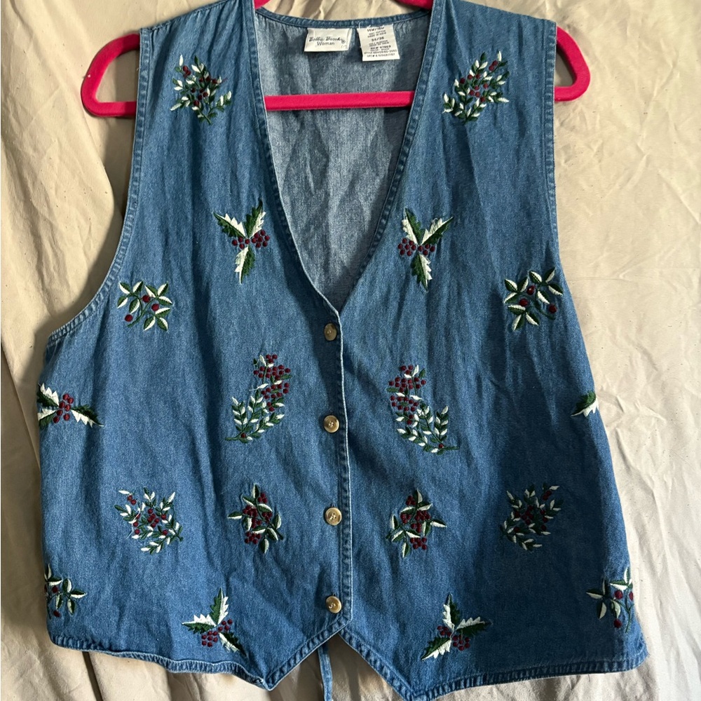 Vintage Bobbie Brooks Embroidered Denim Vest with Floral Design Sz 14w/16w